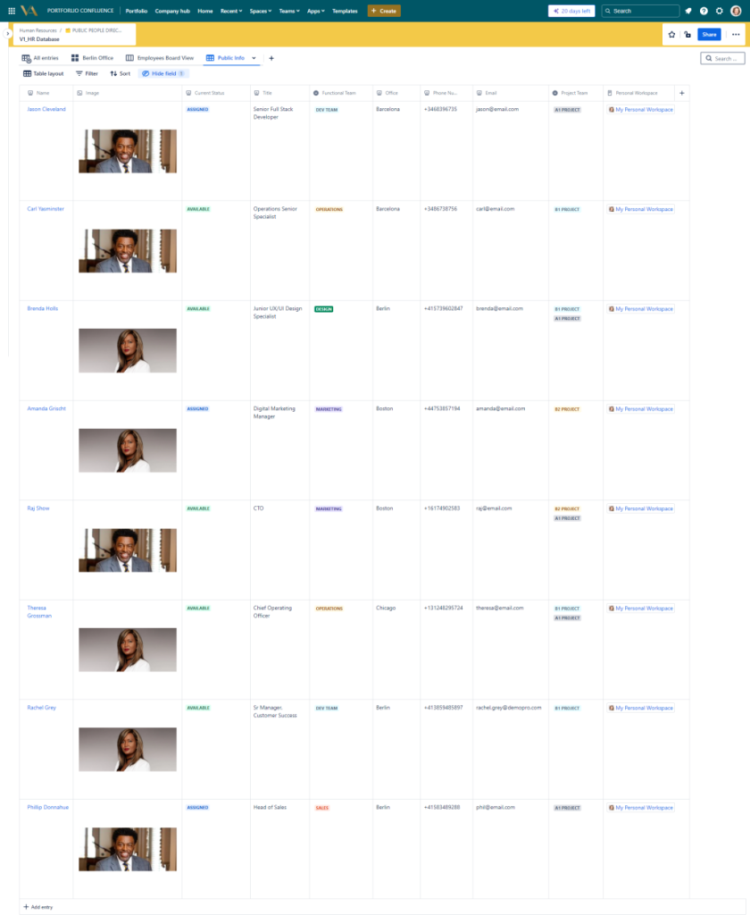 Employee Database with Atlassian core tools list view