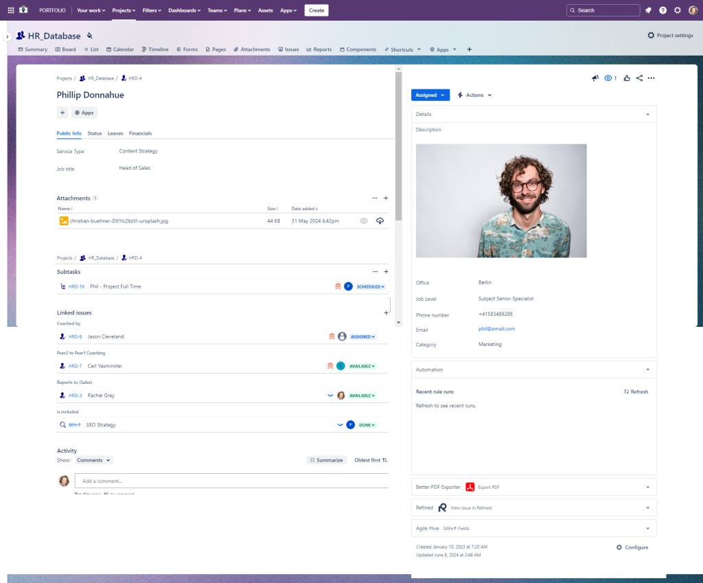 Employee profile custom work item in Jira